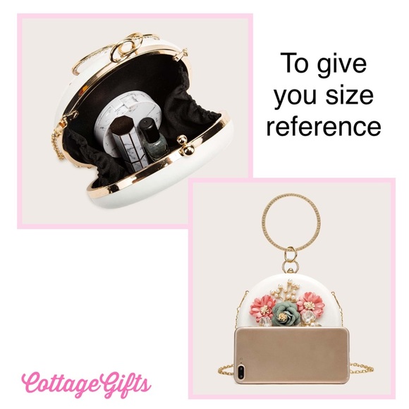 NEW Floral Round Clutch Box Bag Rhinestones Circle Handle - Picture 2 of 11